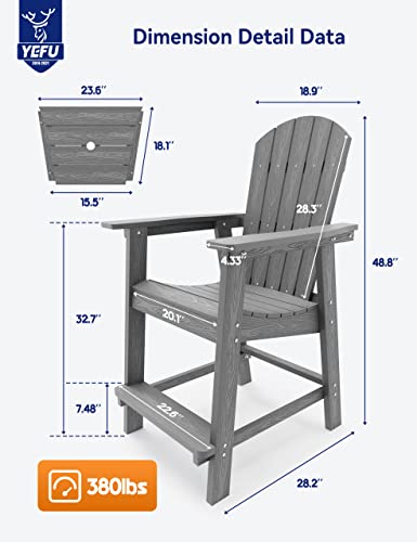 Yefu Balcony Chair, Tall Adirondack Chair Set Of 2 With Connecting Tray, Poly Lumber Adirondack Chair Bar Stools, Patio Stools, 380Lbs, Weather Resistant For Outdoor Deck Lawn Pool Backyard-Grey #TOP1
