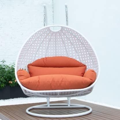 Image of OMANSH Double Seater Swing Chair with Stand & Cushion & Hook Outdoor || Indoor || Balcony || Garden || Living Room (White-Orange)