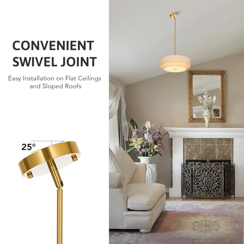 VONLUCE Modern Chandeliers, 18" Drum Chandeliers with 2-Layer Fabric Shade, 4-Light Pendant Light Fixture with E26 Bases, Light Fixture for Dining Room Bedroom Living Room, Linen Shade & Brass Finish - Image 6