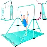 PreGymnastic Folding Gymnastics Bar with Rings, Foldable Kip Bar with Sturdier Base, Training Bar for Kids Ages 3-10, Horizontal Bar, Home Gym Equipment for Boy Girl(Foldable Bar with Mat,Teal-Mat)