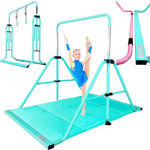 PreGymnastic Folding Gymnastics Bar with Rings, Foldable Kip Bar with Sturdier Base, Training Bar for Kids Ages 3-10, Horizontal Bar, Home Gym Equipment for Boy Girl(Foldable Bar with Mat,Teal-Mat)