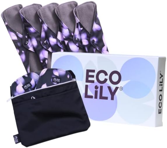 Eco Lily® Reusable Period Pads - Cloth Menstrual Pads - Sanitary Pads (6Pk for Medium to Heavy Flow) – Leakproof Odour-Absorbing Charcoal Bamboo Pads with Waterproof Wet Bag