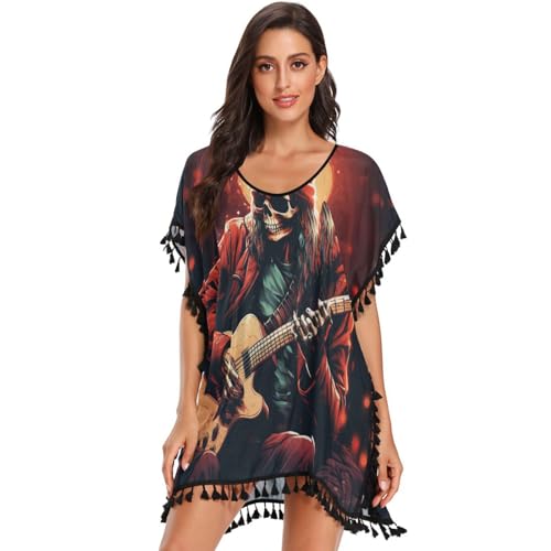 KAAVIYO Scary Cool Music Skull Women's Beach Cover Up Chiffon Tassel Swimwear Swimsuit Coverups for Girl