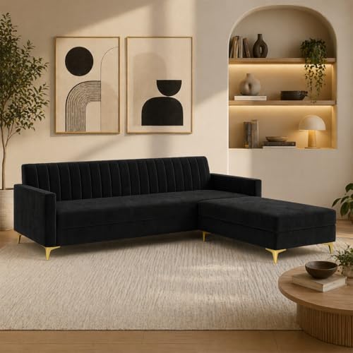 Image of SOCOZI Morello 4 Seater L Shape Sofa Set with Movable Ottoman | Flexible Left or Right Layout | Soft Velvet Suede Fabric | Modern Design | Plush Comfort Cushions for Living Room (Black)