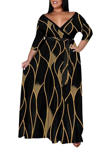 Image of PinkPatty Women's Plus Size Maxi Dress Print 3 /4 Sleeves V Neck Party Sundress Wedding Guest Dresses