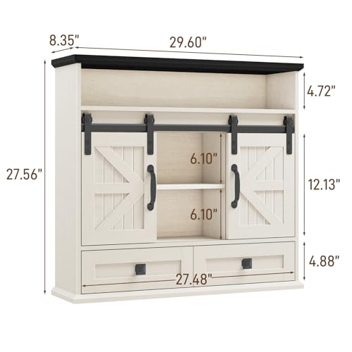 Image of Vabches Bathroom Wall Cabinet, Farmhouse Medicine Cabinet with Sliding Door | Vintage Storage Cabinet Wall Mounted with Storage Drawer and Removable Divider for Bathroom, Kitchen, Rustic White and Black