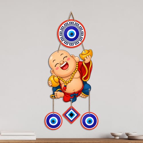 Image of Artvibes Happy Buddha with Gold Ingot Evil Eye Wall Hanging | Wealth Attraction Prosperity Decor | Lucky Nazar Battu Ornament for Home Entrance | Living Room | Office | Gift Item (WH 85144N)
