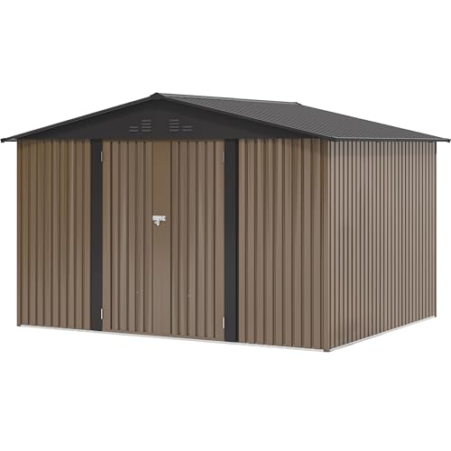 YITAHOME Stahl Gartengerätehaus 10x8FT Robustes Metall Gartenhaus, Wasserdichtes Gerätehaus & Fahrradschuppen mit Doppeltüren & 4 Lüftungen zur Aufbewahrung, 279x224.5x193.5cm,Braun-Schwarz