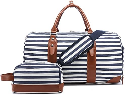 Sucipi Canvas Duffle Bag Weekender Bag for Women Travel Duffel Bag Carry on Bags for Airplanes with Shoe Compartment Large Women Overnight Bag with Wet Pocket Mommy Bag for Hospital with Toiletry Bag (Blue/White Striped) 1 Sucipi Canvas Duffle Bag Weekender Bag for Women Travel Duffel Bag Carry on Bags for Airplanes with Shoe Compartment Large Women Overnight Bag with Wet Pocket Mommy Bag for Hospital with Toiletry Bag (Blue/White Striped)