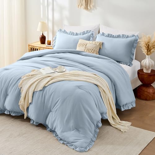 Image of FUANNA Queen Comforter Set Grayish Blue, 3 Pieces Ruffle Queen Bed Set, Fluffy Bed in a Bag Queen for All Seasons, Shabby Chic Bedding Comforter Sets with 1 Lightweight Comforter & 2 Pillowshams