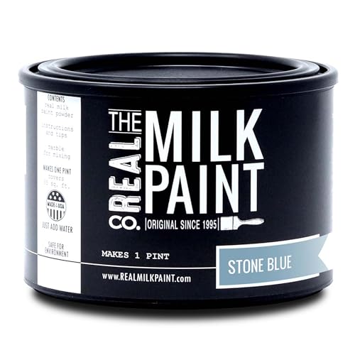 Real Milk Paint, Wood Paint for Furniture, Matte Paint for Cabinets, Walls, Brick, and Stone, Water Based Organic, No VOC, Stone Blue, 1 Pint