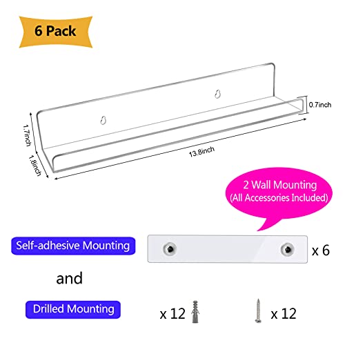 evron 6 Pack Acrylic Shelves for Wall Storage,13.8\" Floating Bookshelves for Kids,with Self-Adhesive Stickers Display Shelf Organizer for Bathroom,Bedroom,Living Room,Kitchen,Room Decor