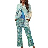 Funnydude Peacock Print Pajamas for Women Set 2 Piece Button down Pajamas Fall Winter Soft Pjs for Home