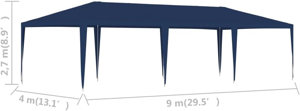 Diagram showing dimensions of the 4x9m party tent