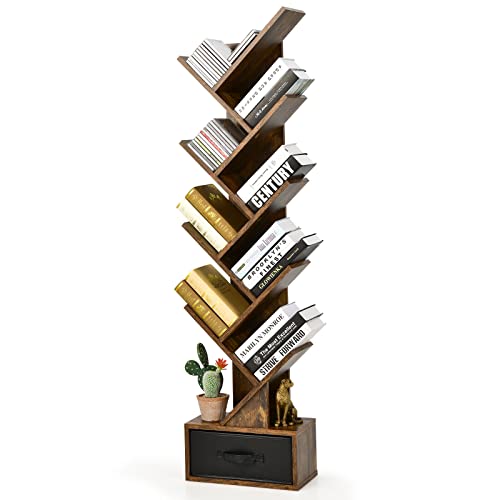 Giantex 10-Tier Tree Bookcase, Floor Standing Bookshelf w/Drawer for CDs/Movies/Books, Home Furniture Decoration Wooden Book Storage Organizer for Living Room, Bedroom, Office (Rustic Brown)