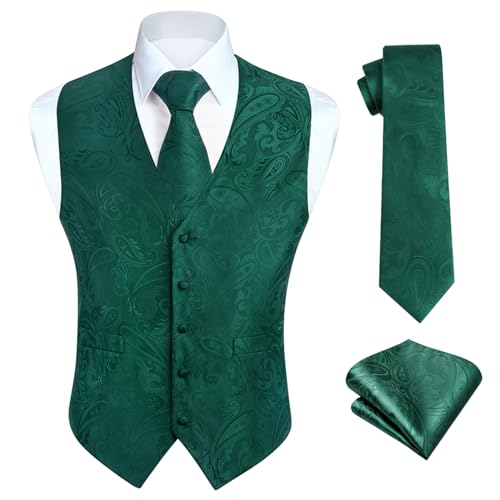 HISDERN Emerald Green Vest and Tie Sets for Men Paisley Floral Jacquard Necktie Pocket Square 3PCS Casual Business Vests Waistcoat for Suit or Tuxedo