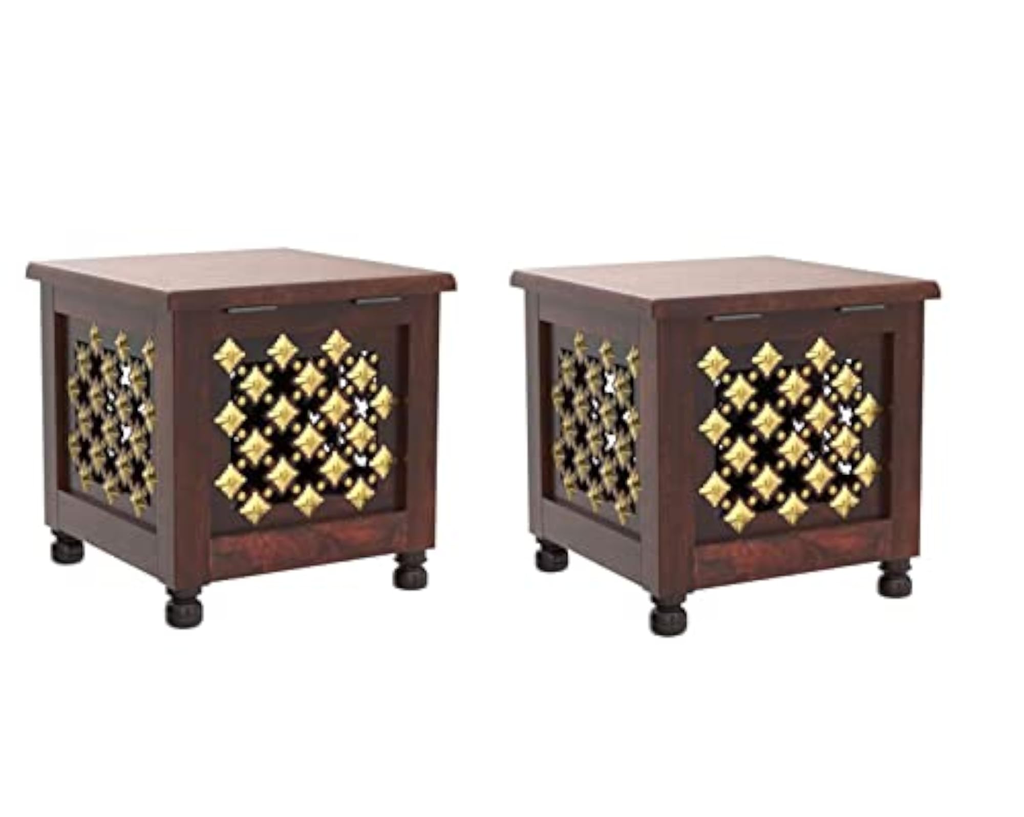 Decorative Wooden Storage Stool Set of 2, Gold Floral Pattern
