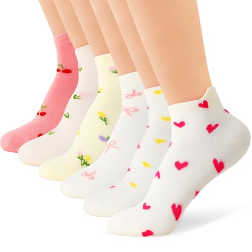 scenicamp Women Cute Ankle Socks - 6 Pairs Casual Heart Bow Flowers Pattern Low Cut Socks for Women...