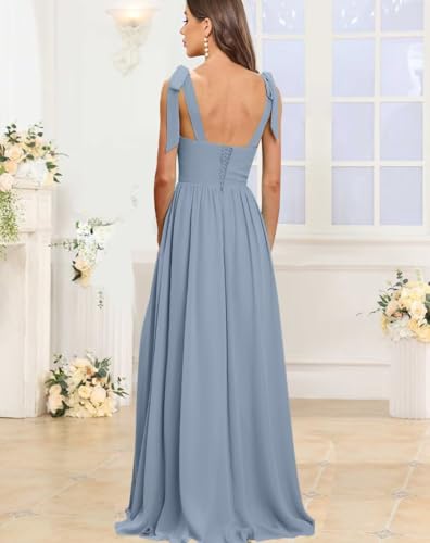 Women's Bow Straps Chiffon Bridesmaid Dresses with Slit Long Pleated Formal Evening Dress3