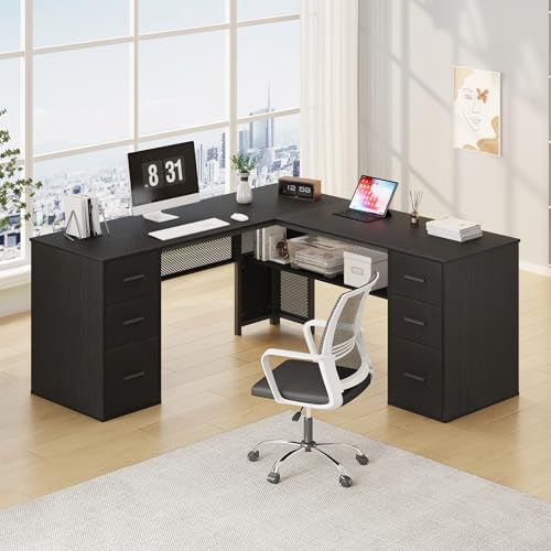 HSH Schreibtisch L Form mit StauraumEckschreibtisch mit Schubladen und Regalen Computertisch Moderner Großer Schreibtische Metall und Holz für Homeoffice Schwarz 150 cm