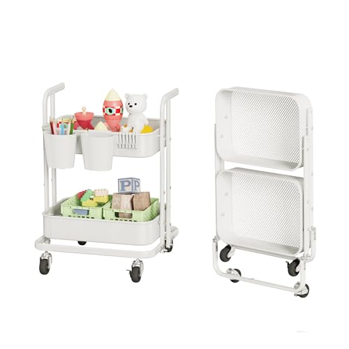 Image of DTK 2 Tier Rolling Cart, Small Metal Utility Cart with Lockable Wheels, Foldable Craft Cart, 2 Shelf Folding Storage Trolley for Living Room, Kitchen, Bathroom, Bedroom and Office, White