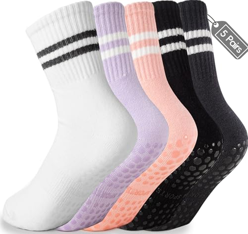 Raylarnia Pilates Socks for Women Non-Slip Socks with Ankle Strap, Adhesive Hospital Socks (5 Pairs)