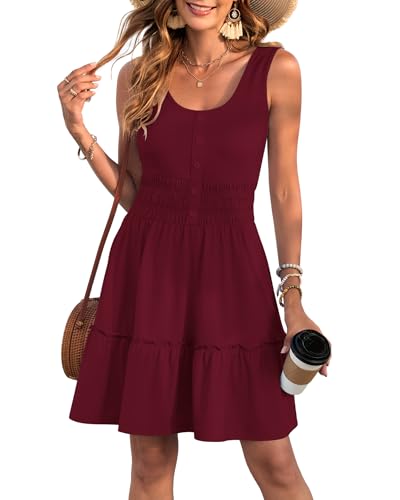 Image of AUSELILY Women Summer Dress Sleeveless Tank Button Down Dresses | Tank button down dress, Empire waist smocked, Casual beach vacation summer dresses with pockets