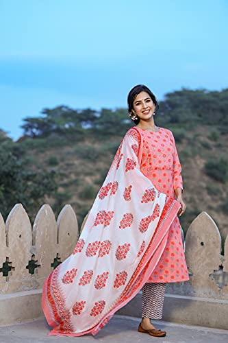 Image of Vaamsi Women's Cotton Blend Floral Straight Kurta Pant With Dupatta