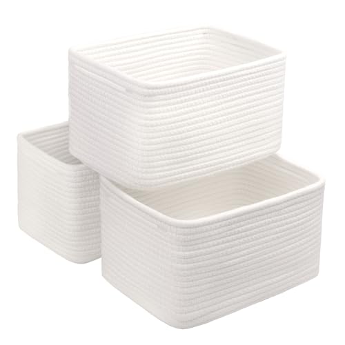 R RUNKA Small Cotton Rope Basket – Storage Bin for Organizing (10.6" x 6.7" x 6.7"), Bathroom Storage Basket for Shelf, Counter & Closet（White）