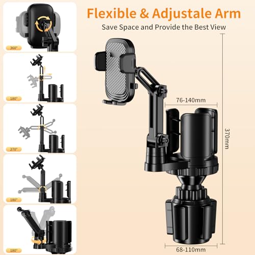 Image of Phone Holders for Your Car, 2 in 1 Cup Holder Phone Mount with Expander, Secure Hold, Adjustable Base and Long Arm with 360Rotation Car Phone Holder for 4-7'' devices and Up to 5.31'' Most Bottles