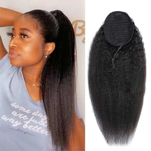 Kislemon Yaki Kinky Straight Ponytail Wrap Drawstring Human Hair Extensions Natural 1B 10A Brazilian Ponytail Clip In Afro Remy Hair Pieces For Women Yaki Straight Ponytail Hairpiece 14 Inch thumb #1