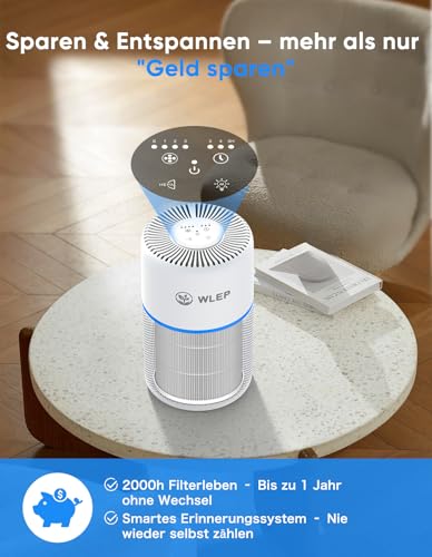 Luftreiniger für Schlafzimmer mit Licht, 360° Luftstrom, H13 HEPA-Filter (99,97% Effizienz), 4 Geschwindigkeiten, CADR 90 m³/h, Timer, 2000h Filterlebensdauer