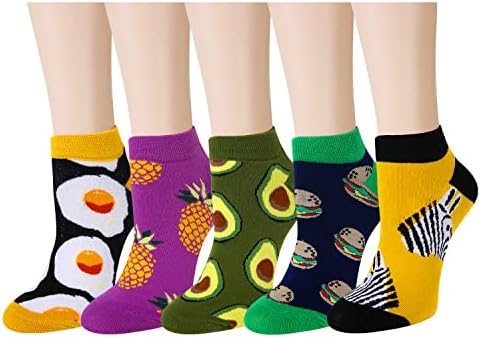 Womens Girls Funny Novelty Ankle Socks Cute Fun Crazy Colorful Avocado Food Patterned Low Cut Socks Funky Short Socks Low Socks Easter Gifts for Girls, 5 Pack-Pineapple Avocado Zebra Eggs Hamburger