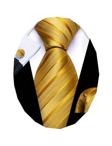 Barry.Wang Gold Tie Sets for Men Silk Stripe Necktie Woven Solid Handkerchief Cufflinks Formal Business Wedding