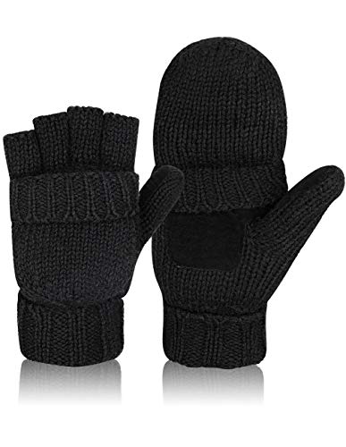Petrunup Medio Dedo Guantes Cálido de Lana Convertible sin Dedos Fleece Mitones Guantes de Punto Hombres Mujeres Negro