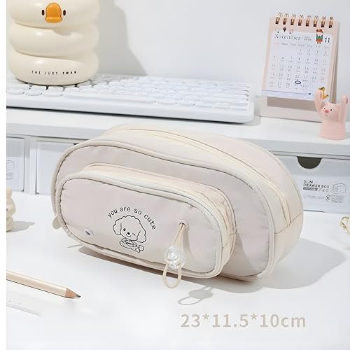 Image of Large Capacity Cute Pencil Case - Multi-Layer Stationery Organizer with Handle, Mesh Pockets & Pen Slots - Portable Storage Pouch for School, Office & Art Supplies (Beige Puppy)
