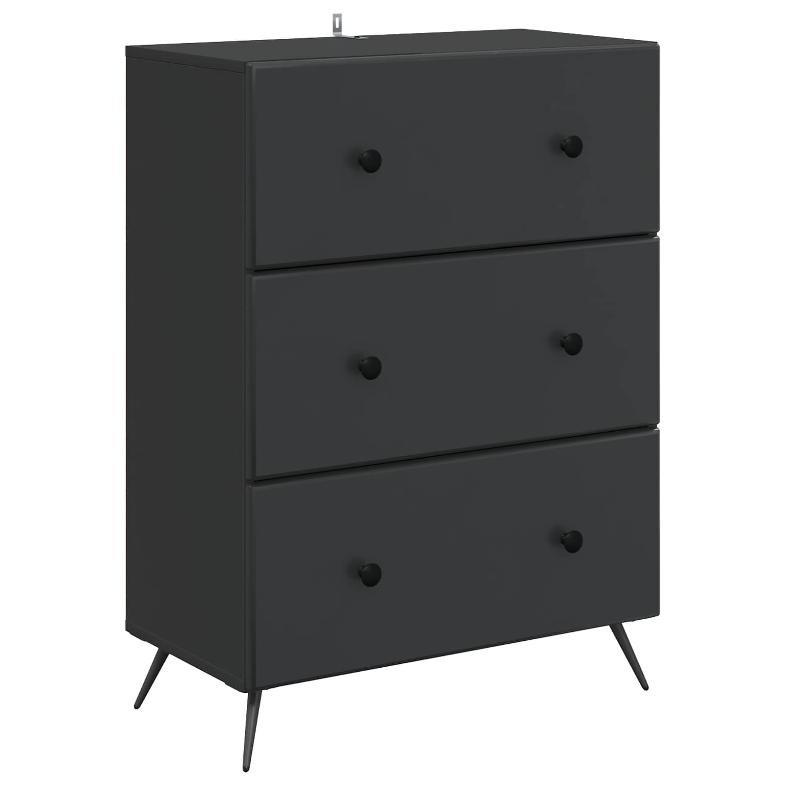 Cassettiera nera, 66 x 34,5 x 90 cm, con 3 cassetti, moderno, in legno e metallo, per soggiorno, corridoio e casa