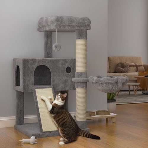 SHA CERLIN Cat Tree 36 Inches Cat Tower with Hammock, Sisal Scratching Post for Indoor Kittens, Small Room, Grey
