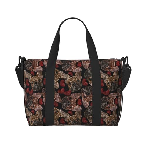 Hearts And French Bulldog Large Laptop Tote Travel Work Bag For Women Men Gym Beach Bag For Women Crossbody Carry On Shoulder Bag With Compartments Zipper,Overnight Weekender Bags