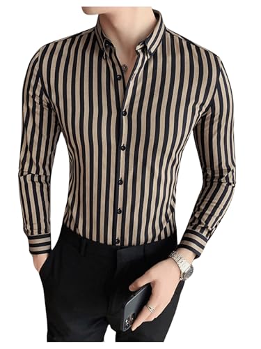 OYOANGLE Men's Striped Print Button Down Shirts Collared Neck Long Sleeve Office Work Tops