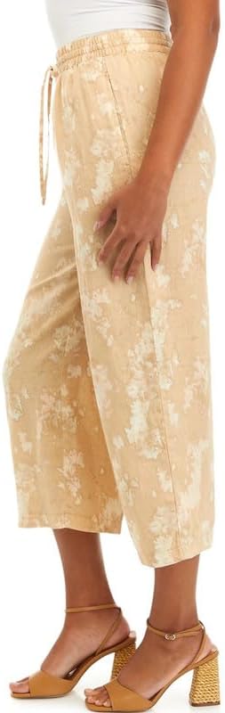 DKNY Women's Linen Printed Drawstring Pants (Sandalwood/Ivory Multi, Large)