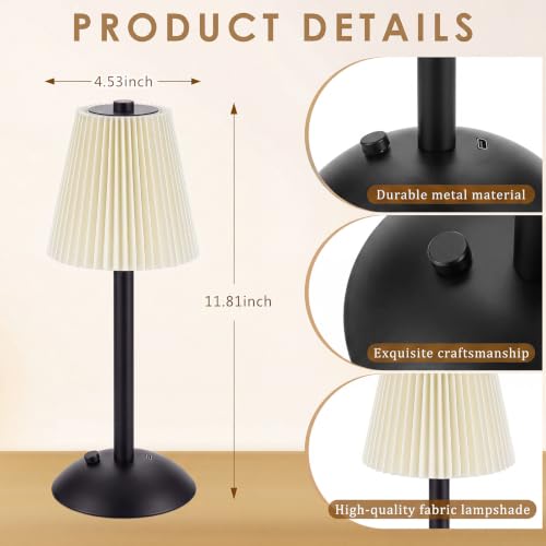 Image of Liliful 2 Pcs Cordless Table Lamp Rechargeable Touch LED Small Gold Portable Battery Operated USB-c Desk Lamp 3 Color Dimmable for Bedroom Living Room Dining (Black,Beige Cloth Style)