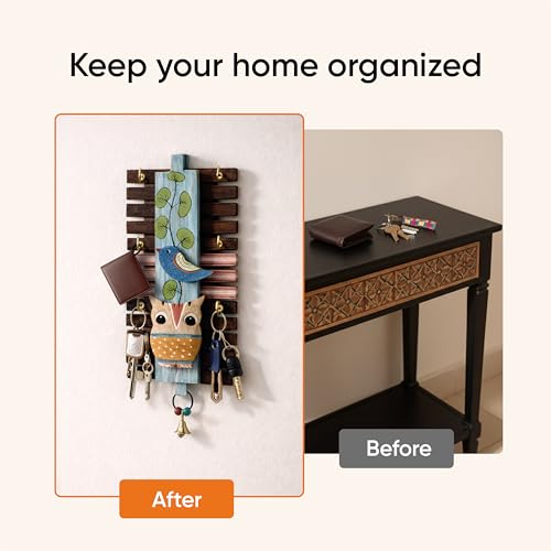 Image of AAKRITI ART CREATIONS Key Holder, Handcrafted Warli Design Key Hanger | Rustic Rose Wood Wall Organizer with 6 Hooks | New Home Gifts | Multifunctional Entryway Decor Item