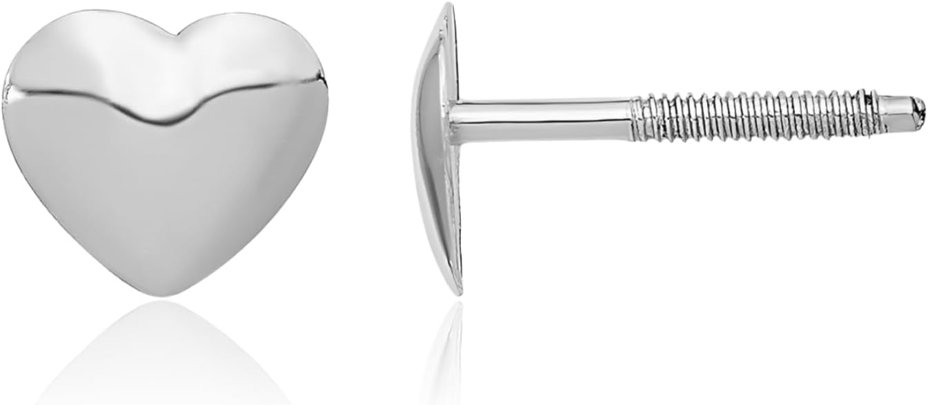 IceCarats 14K Solid White Gold Medium Heart Stud Earrings 5mm Screw Back, Polished For Her