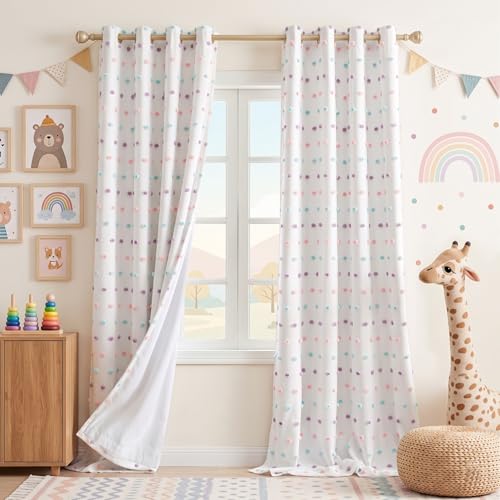 Image of MEETSKY Kids Blackout Curtains for Girls Bedroom,50x95 in Pom Pom Curtains | 100% Blackout Light Blocking Drapes,Nursery Curtain,Room Darkening,Thermal Insulated Grommet Drape,Rainbow,Cute,2 Panels Set
