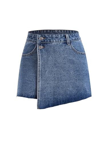 Floerns Short feminino com botão frontal assimétrico bainha crua jeans saia cintura alta, Lavagem mé