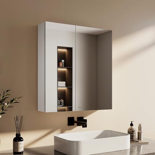 EMKE Spiegelschrank mit Innenspiegel, weißer Badezimmerspiegelschrank, 2-türig, Aluminium-Spiegelschränke Bad 60 x 65 x 14,5 cm, Bad-Spiegelschrank mit höhenverstellbarer Glasablage