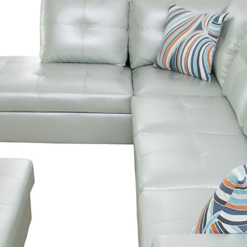 Image of L-Shaped 3-Piece Semi PU Synthetic Leather Sofa with Storage Ottoman Set, Sectional Couch Sofa Set for Living Room, Office, Small Space, Silver Green