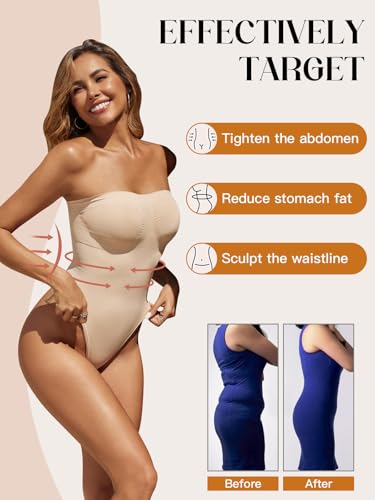Fisoew Women's Strapless Shapewear Tummy Control Thong Bodysuit One Piece Tube Top Seamless Body Shaper3