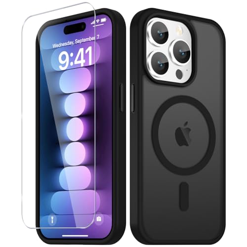 Image of YENAPOON for iPhone 15 Pro Case, Matte Magnetic Phone Cover [with 1 Screen Protector] [Support for MagSafe] [Shockproof Military Grade Protection] Translucent Frosted Back, Black